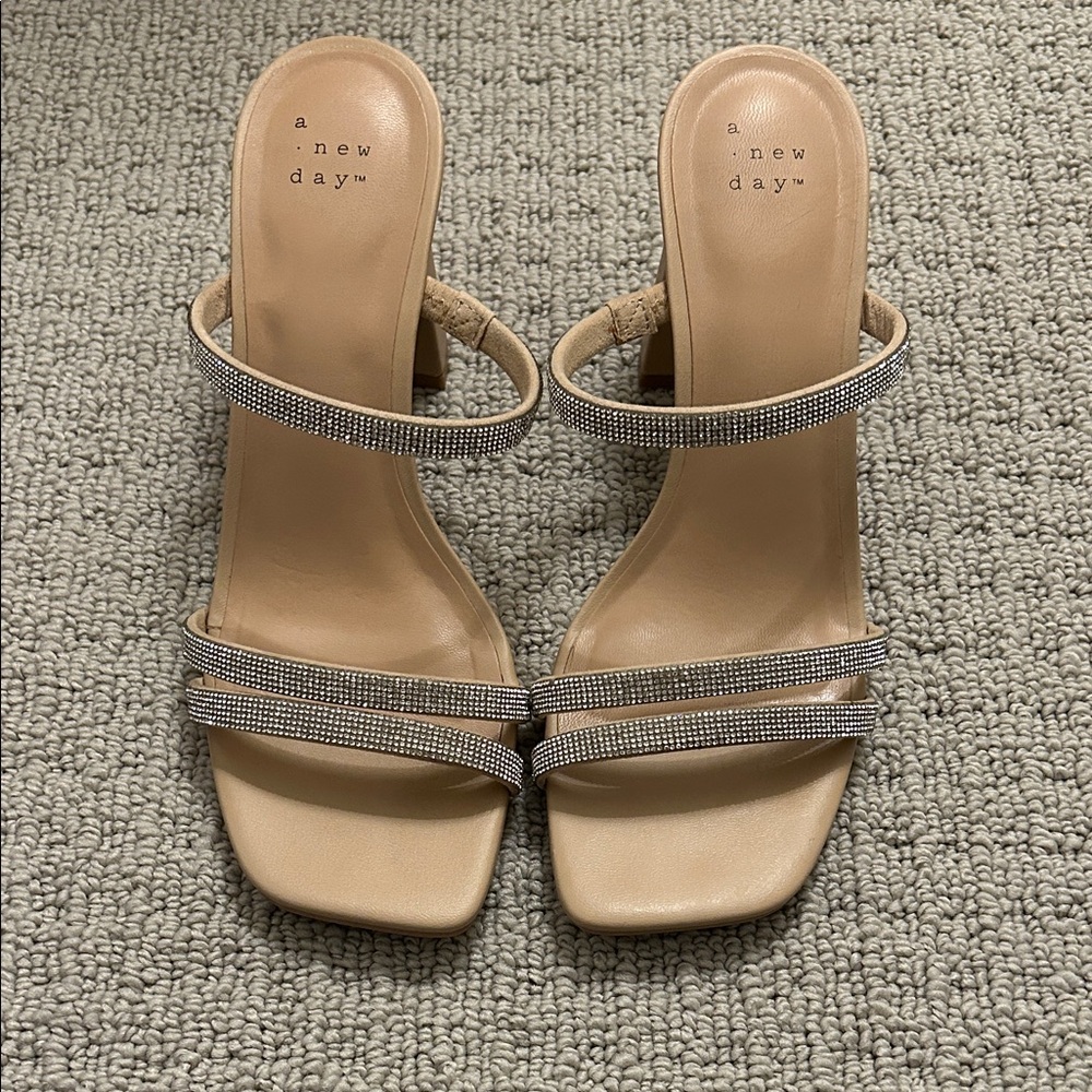 A New Day Beige and Silver Diamond Strappy Heels